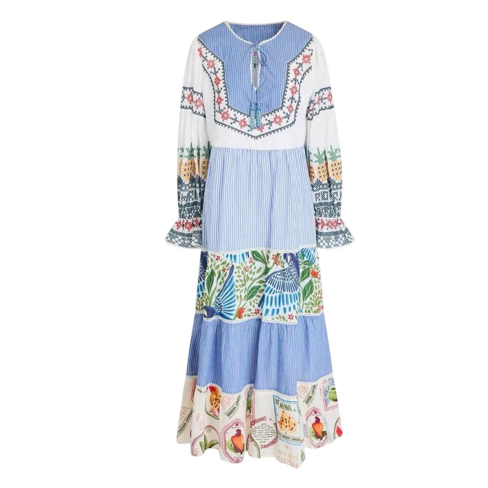 FARM Rio Blue White Multi-Color Embroidered Maxi Dress